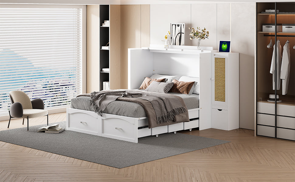 Large Murphy bed wall mounted bed with drawers, 2 storage cabinets, 1 set of sockets and USB ports, white - V.I.P Digital Presence