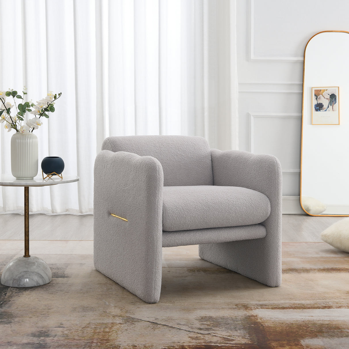 Armchair with wavy armrests, metal decorations on both sides of the armrests, made of Teddy cloth, light gray - V.I.P Digital Presence