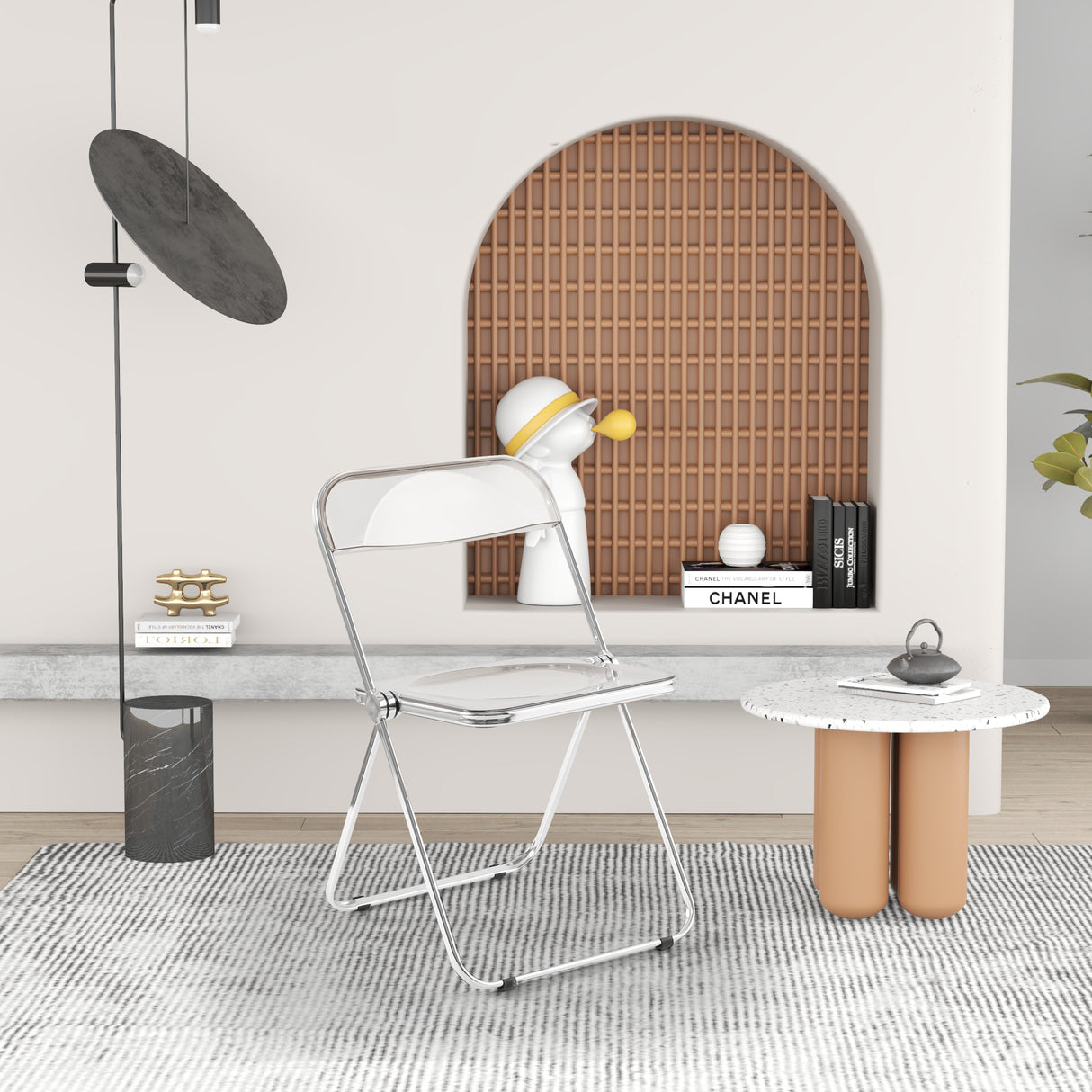 Transparent chair, stackable folding chair, PC plastic living room chair, chrome frame foldable acrylic chair, O-Clear - V.I.P Digital Presence