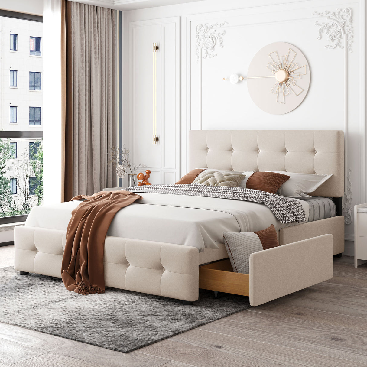 Upholstered Platform Bed with Classic Headboard and 4 Drawers No Box Spring Needed Linen Fabric Queen Size Beige - V.I.P Digital Presence