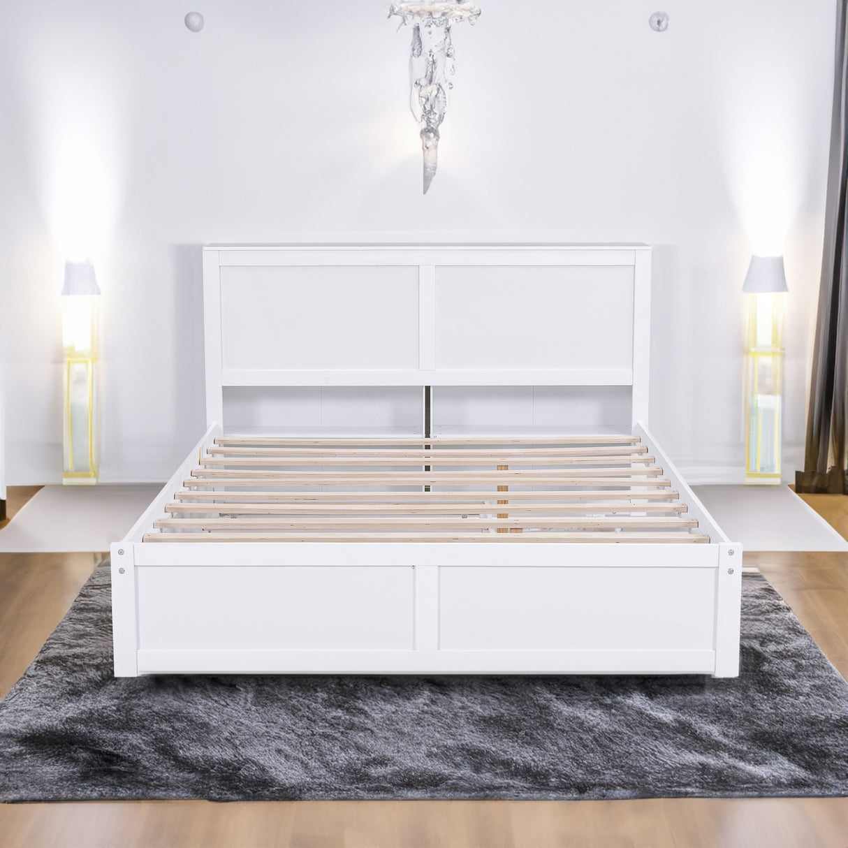 Queen Size Storage Platform Bed with Pull Out Shelves and Twin XL Size Trundle White