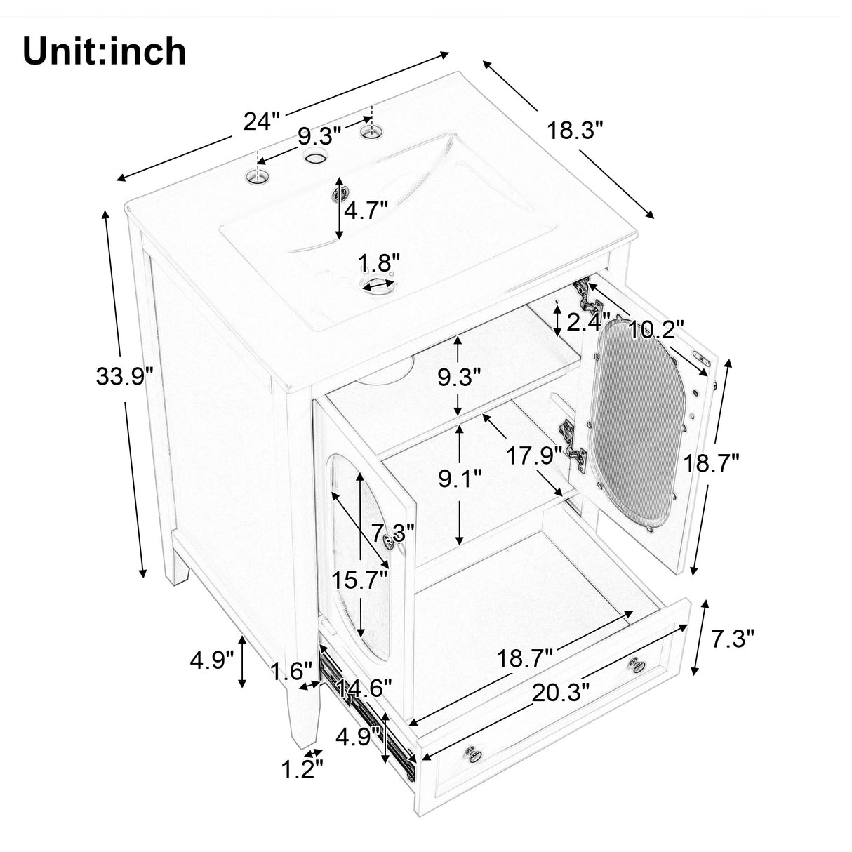 24" Bathroom Vanity with Sink, Bathroom Vanity Cabinet with One Drawer and Doors, Adjustable Shelf, Solid Wood and MDF, White - V.I.P Digital Presence