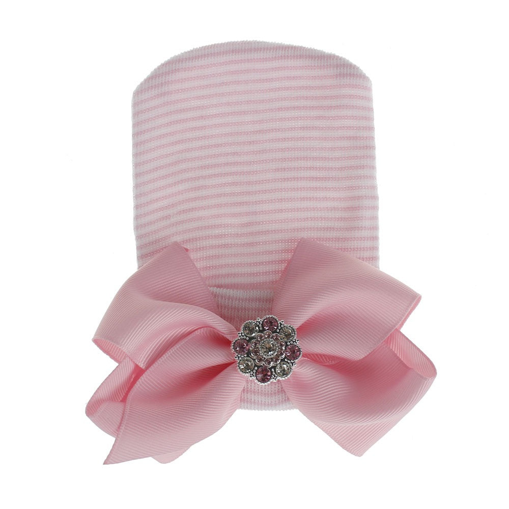 European and American Big Bow Glittering Diamond Pink Stripe Girl Baby Knitted Hat Newborn Baby Pullover Hat - V.I.P Digital Presence