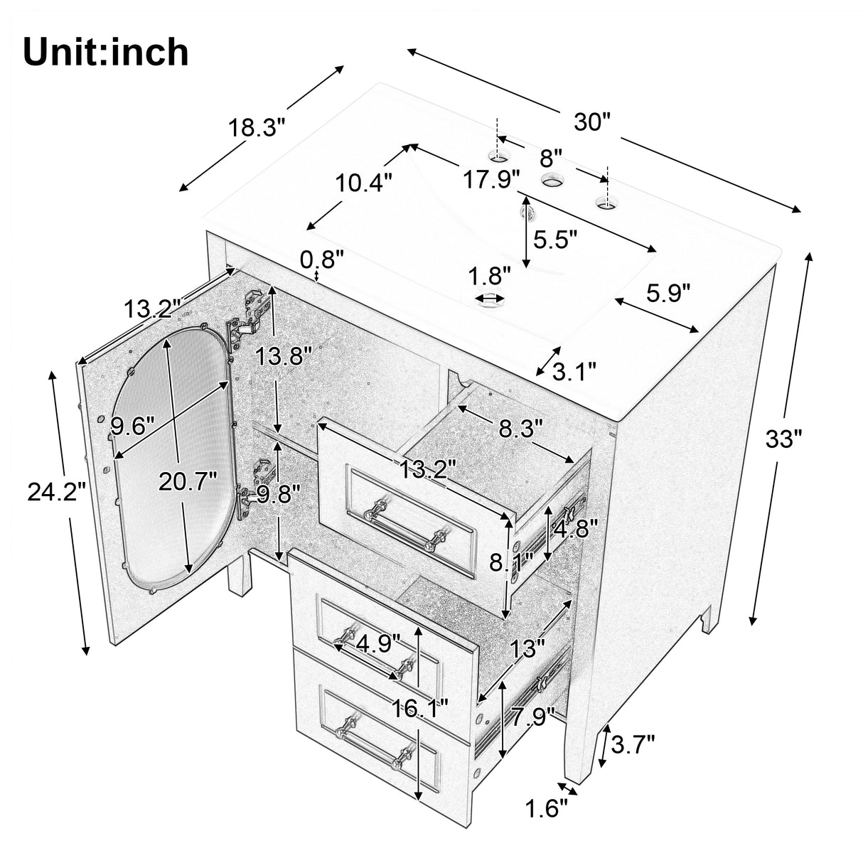 30" Bathroom Vanity with Sink, Bathroom Vanity Cabinet with Two Drawers and Door, Adjustable Shelf, Solid Wood and MDF, Black - V.I.P Digital Presence