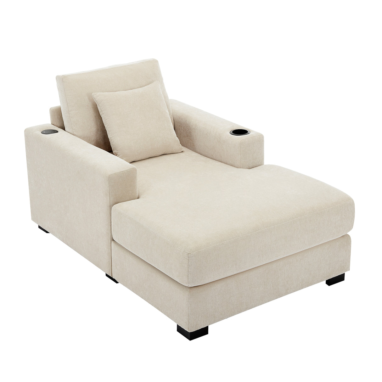 39.7" Oversized Chaise Lounger Modern Style Sofa Couch ,with Pillows, Charge Station & Cup Holders, Chenille Fabric, Cream - V.I.P Digital Presence