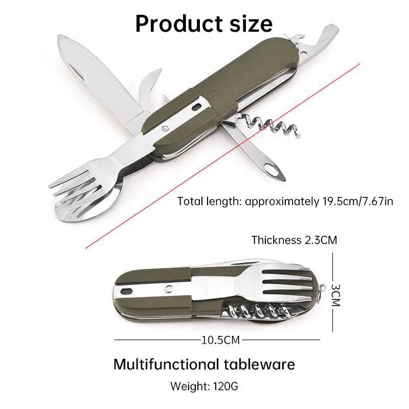 7-in-1 multifunctional stainless steel foldable outdoor camp tableware: fork, spoon, knife. Survival tools for picnic, camping.