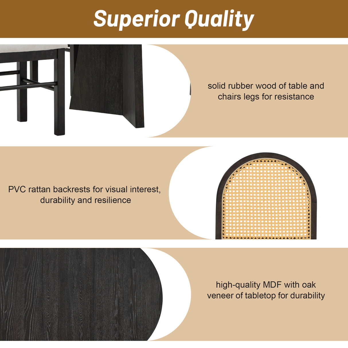 TREXM 5-piece retro functional cutlery set with 1 expandable dining table and 4 cushioned chairs with rattan backrests (espresso - V.I.P Digital Presence