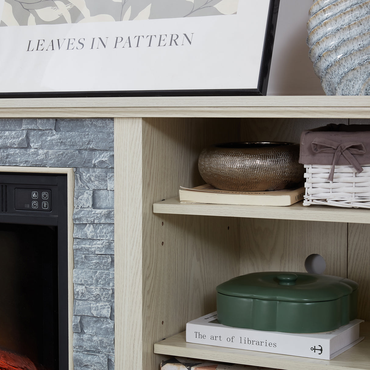 Mantel electric fireplace stone TV media stand, open storage console space, with 18 inch fireplace insert, white - V.I.P Digital Presence