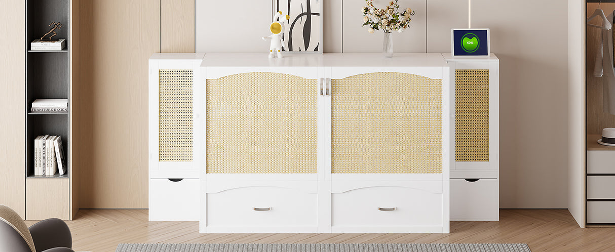 Large Murphy bed wall mounted bed with drawers, 2 storage cabinets, 1 set of sockets and USB ports, white - V.I.P Digital Presence