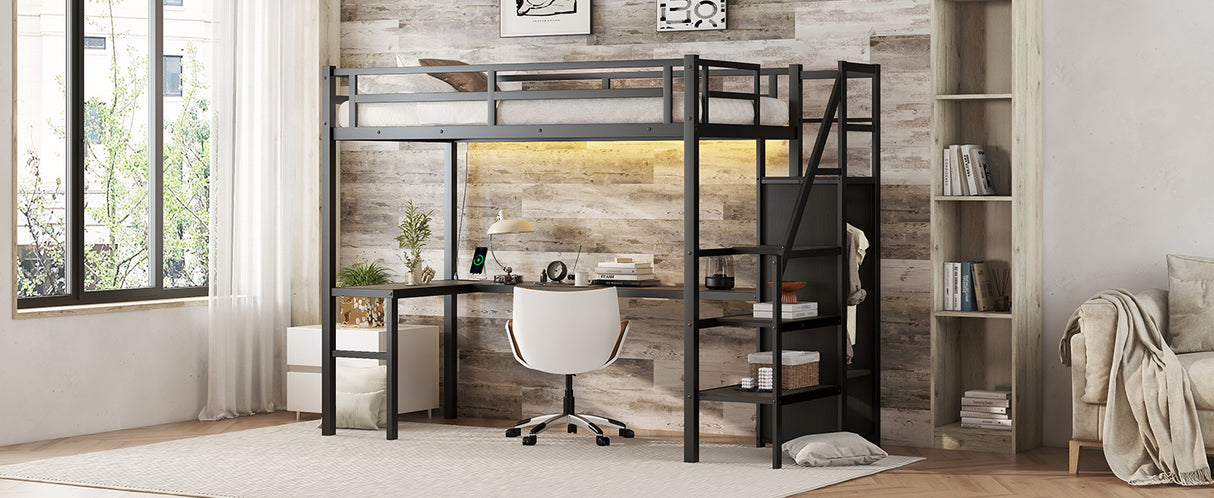 Twin XL loft bed with L-shaped desk and USB, metal loft bed with wardrobe and adjustable shelf, LED loft bed, black - V.I.P Digital Presence