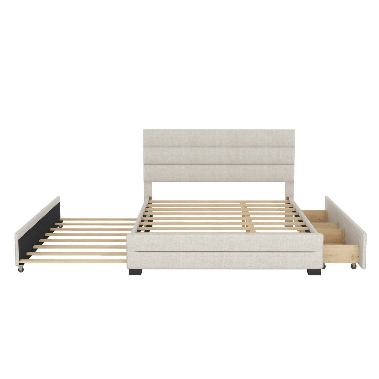 Queen Upholstered Platform Bed with Twin Size Trundle and Two Drawers Beige
