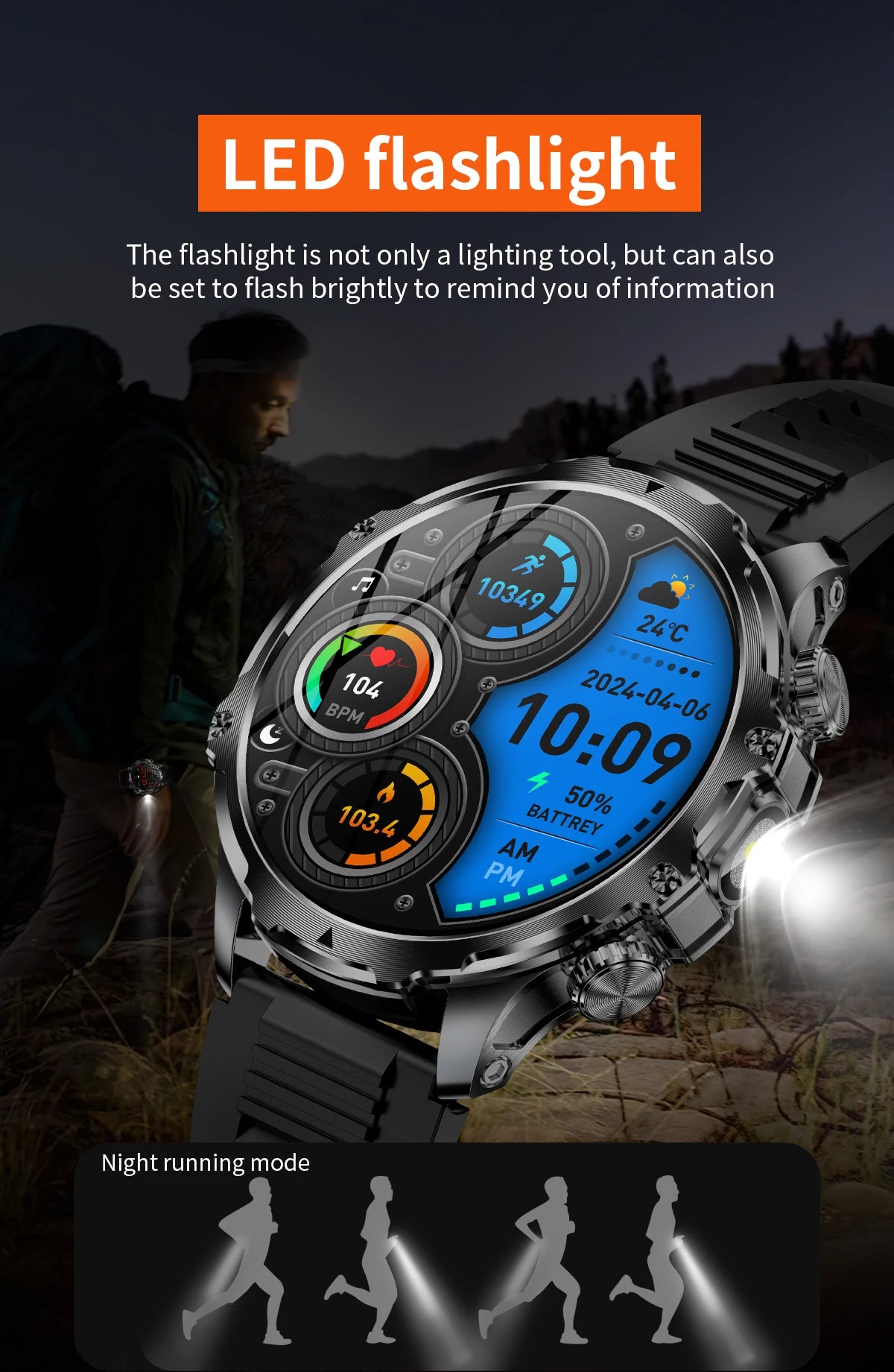AK75 Smart Watch Flashlight Men Outdoors Sports Fitness Tracker 700mah Large Battery BT Calling LED Light Smartwatch - V.I.P Digital Presence