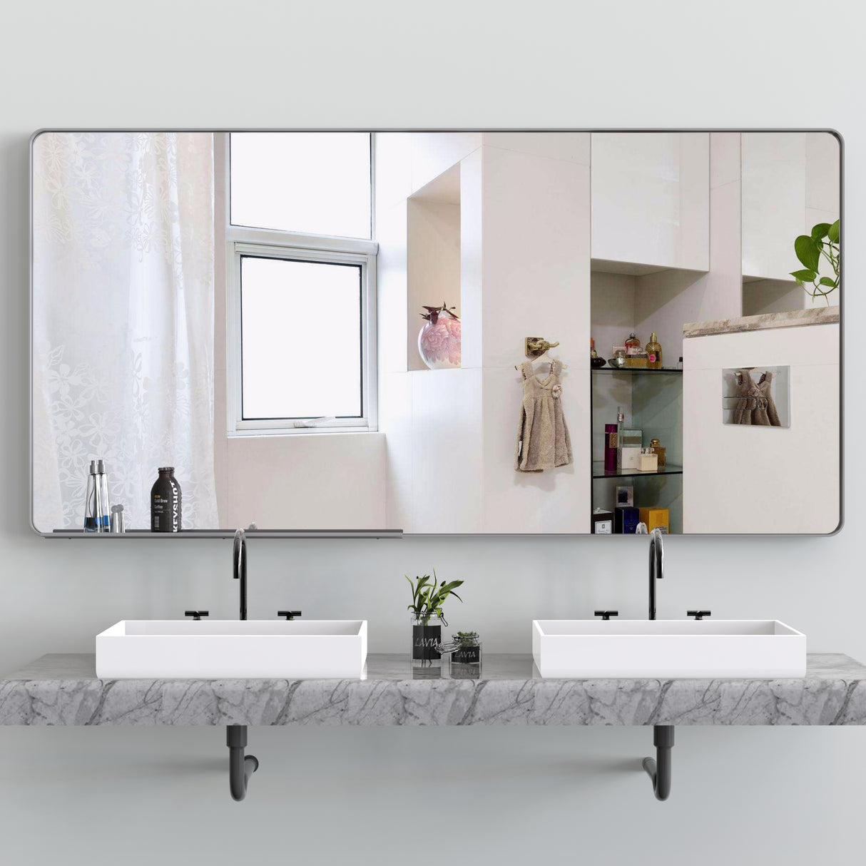 Large bathroom mirror with movable tray wall mounted mirror, vertically and horizontally suspended aluminum frame wall mounted m - V.I.P Digital Presence