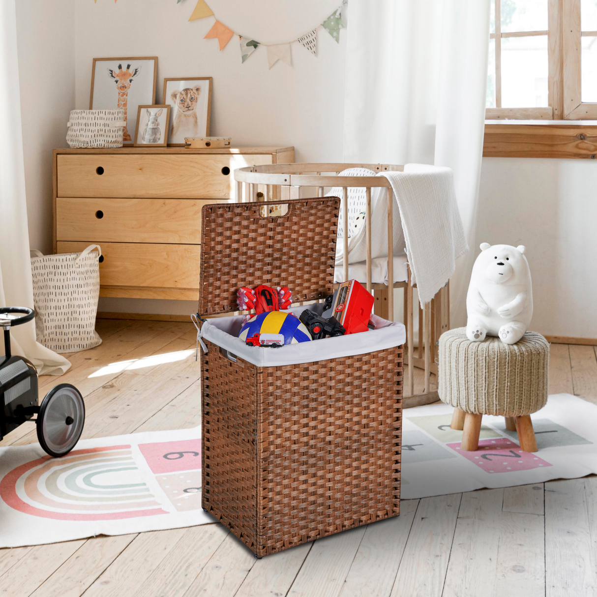 Laundry Hamper With Lid PE Rattan Powder Coating Frame Clothes Hampers with 02 Removable Bags, 100L, Brown Color - V.I.P Digital Presence