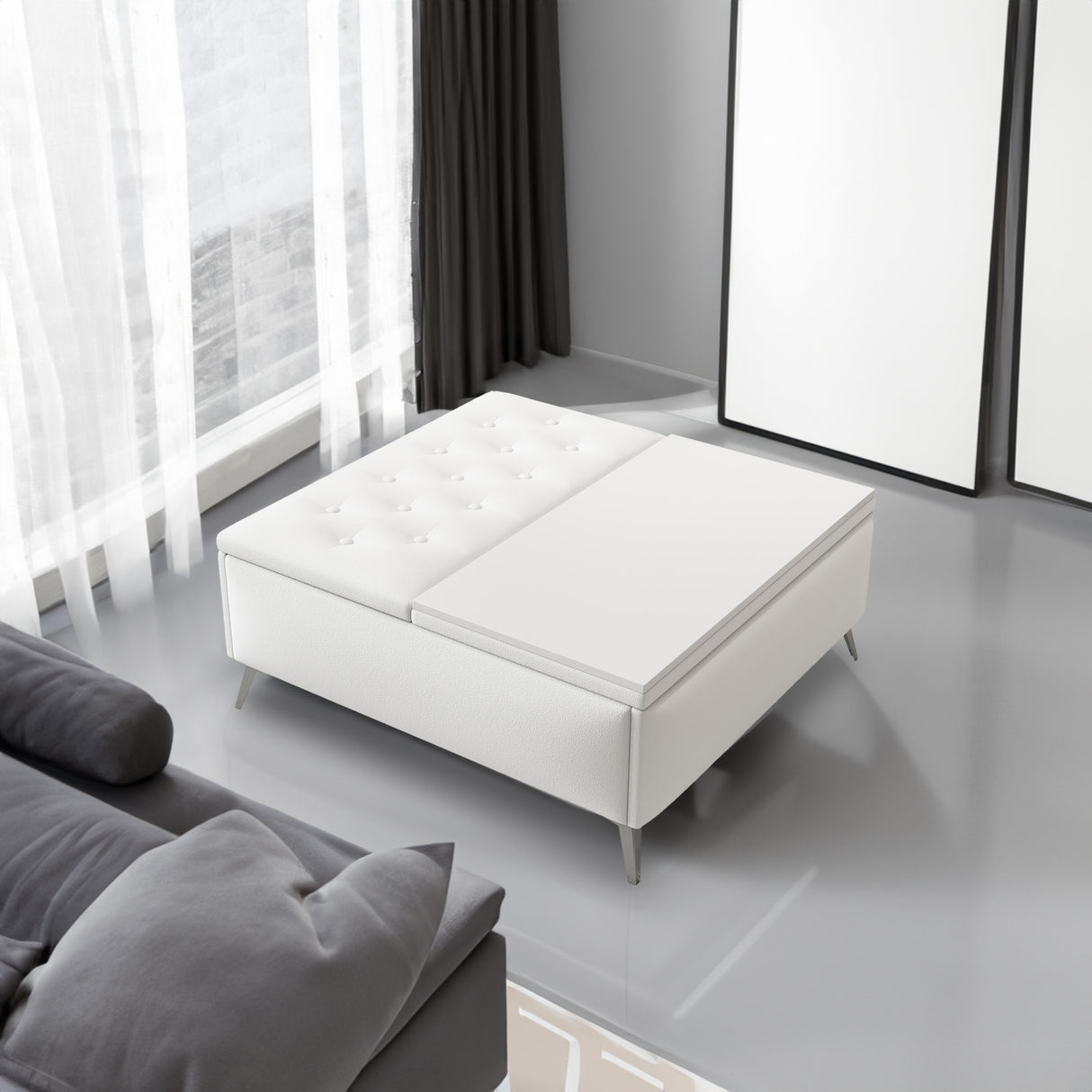 35 inch Wide Square storage benches Coffee Table with Lift Top Oversized Storage Ottoman in Upholstered for Living Room - V.I.P Digital Presence