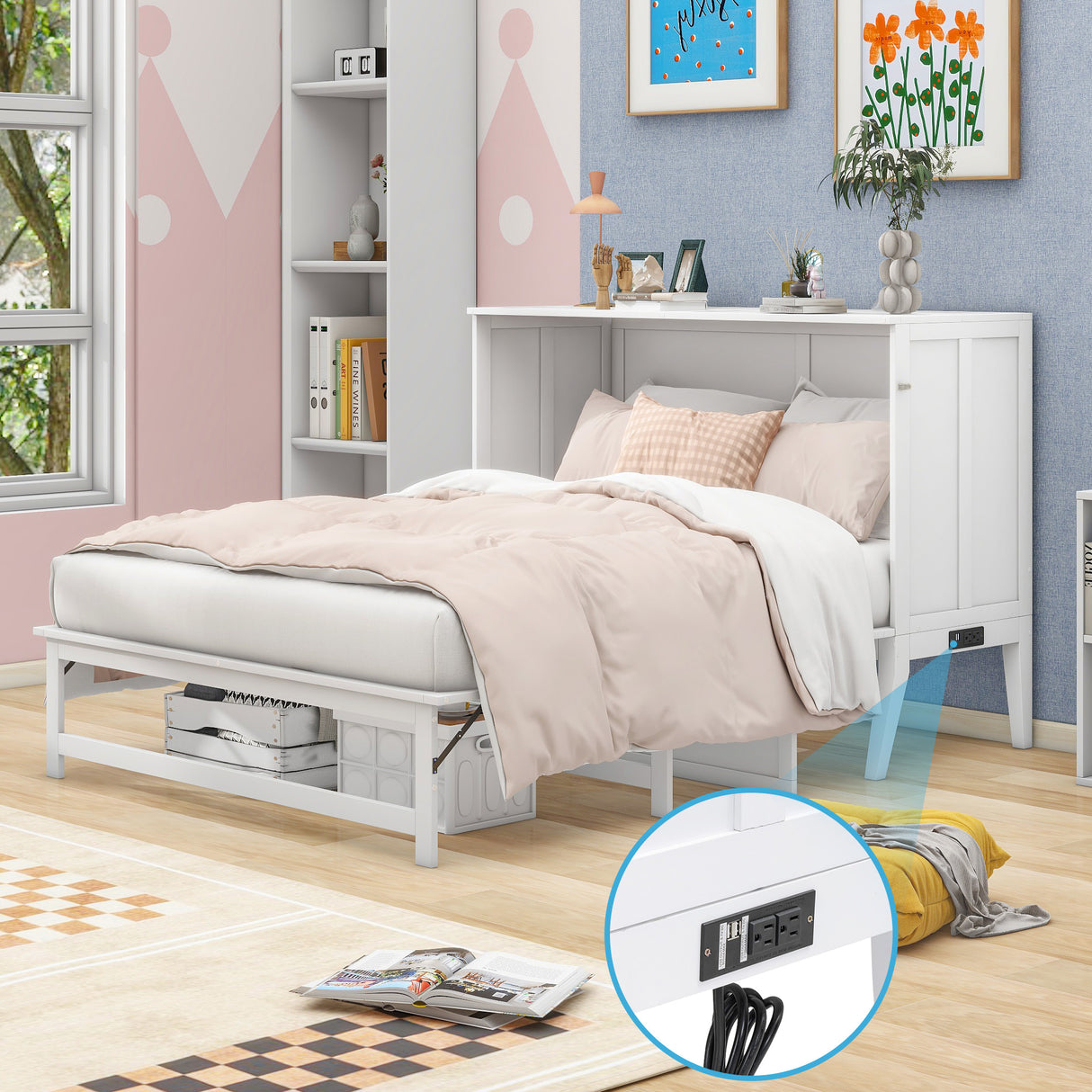 Queen Size Murphy Bed with Built-In Charging Station and a Shelf White