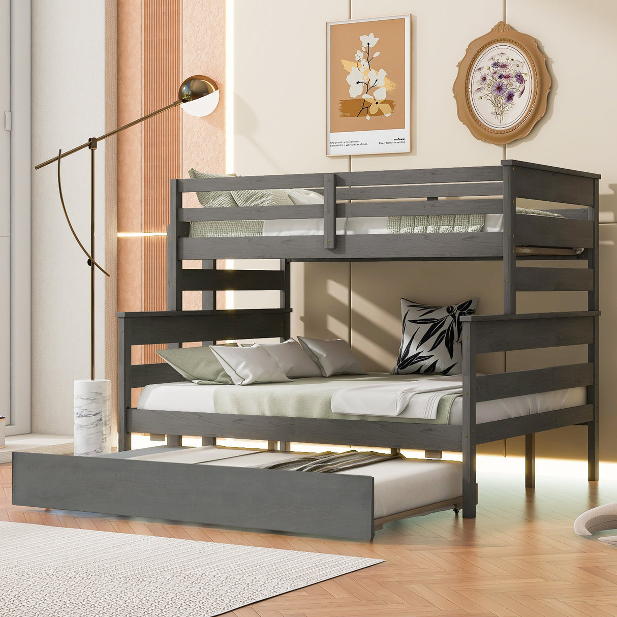 Wood Twin over Full Bunk Bed with Twin Size Trundle Gray
