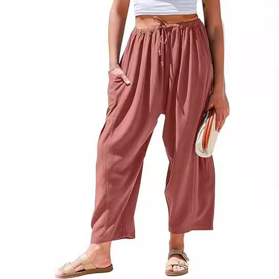 European and American women's elastic waisted pleated high waisted wide leg loose Haren cotton linen pants - V.I.P Digital Presence