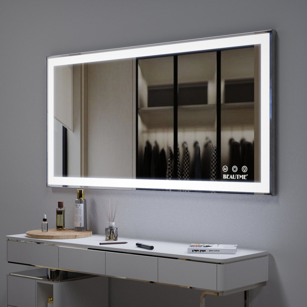 48x24 inch LED bathroom makeup mirror wall mounted adjustable light anti fog touch switch with memory intelligent large bathroom