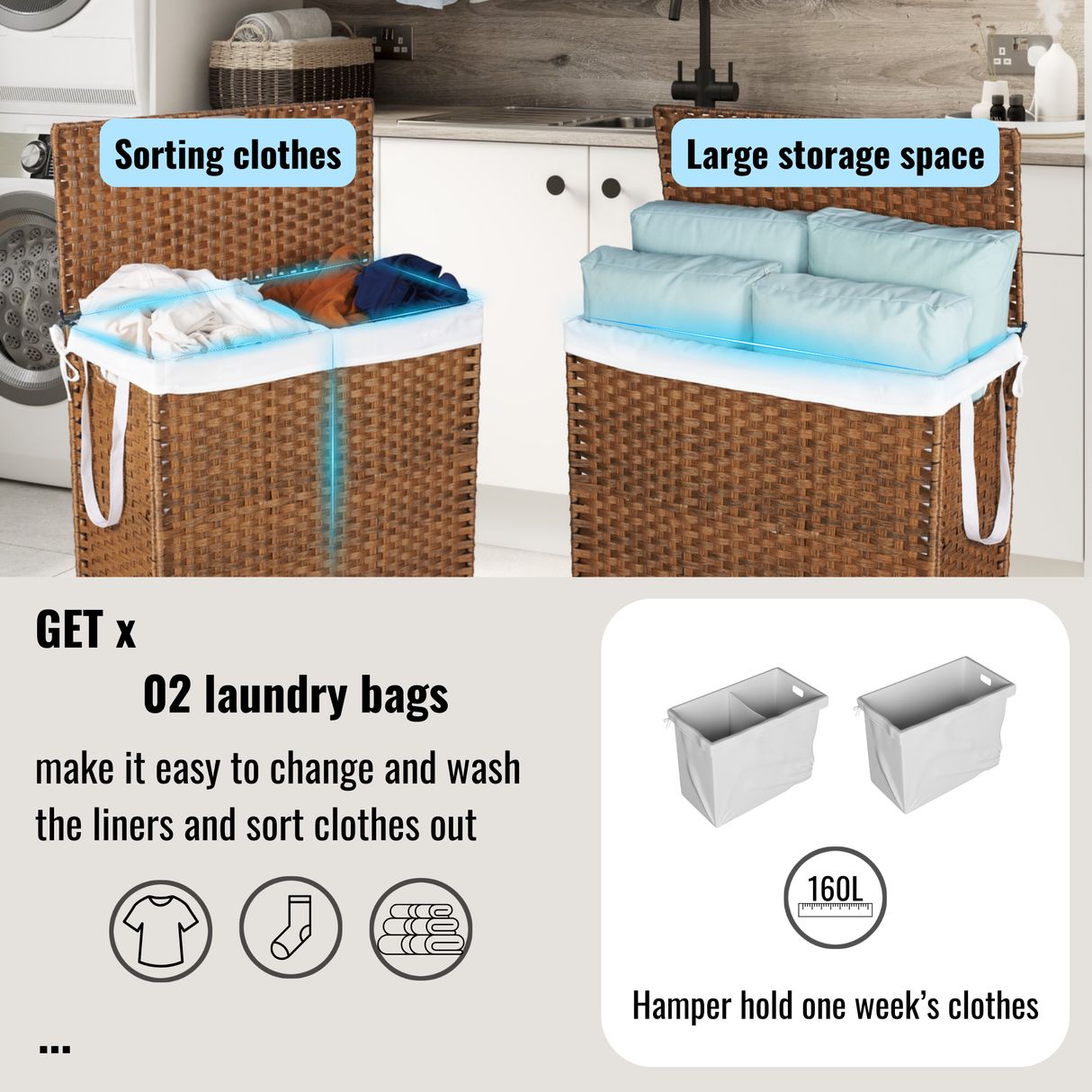 Laundry Hamper With Lid PE Rattan Powder Coating Frame Clothes Hampers with 02 Removable Bags, Wheels, 160L, Brown Color - V.I.P Digital Presence