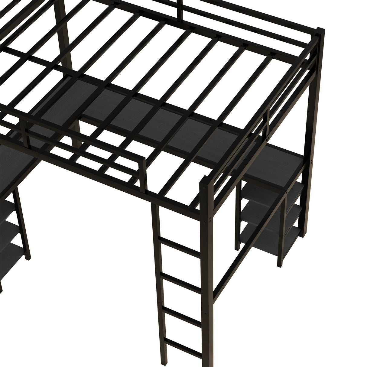 All metal loft bed with desk and shelf, loft bed with ladder and guardrail, black with black desk - V.I.P Digital Presence