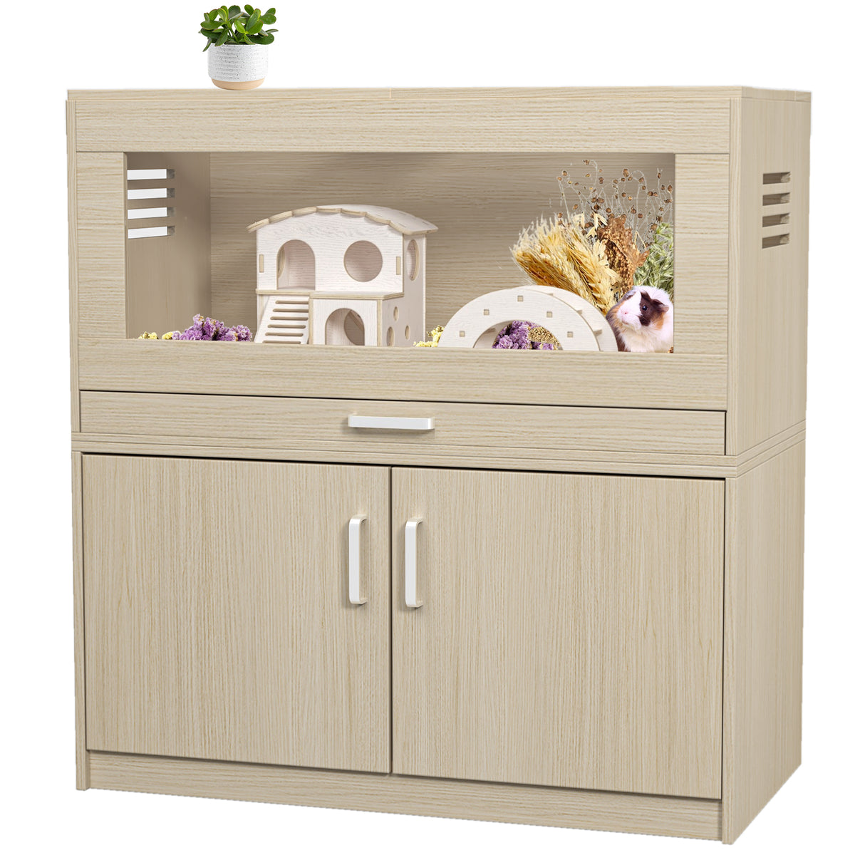 Squirrel cage acrylic panel with independent storage cabinet and wooden guinea pig room with bridge (L 31.50 x W 15.75 x H32.28) - V.I.P Digital Presence