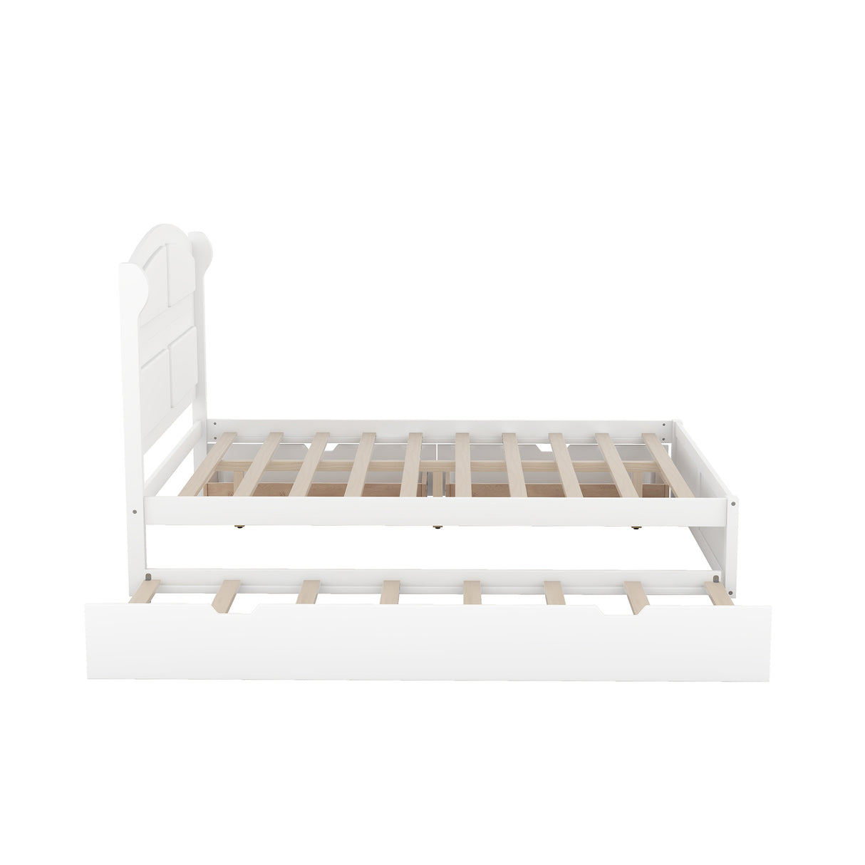 Wood Queen Size Platform Bed with Twin Size Trundle and 2 Drawers White