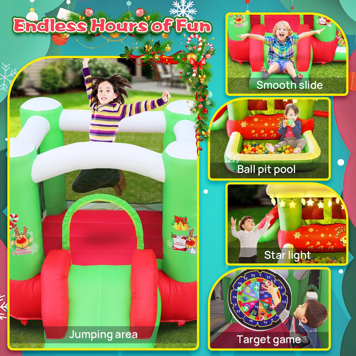 Christmas Jump 'n Slide Inflatable Bouncer for Kids Complete Setup with Blower - 80" x 91" Play Area - 55" Tall - V.I.P Digital Presence