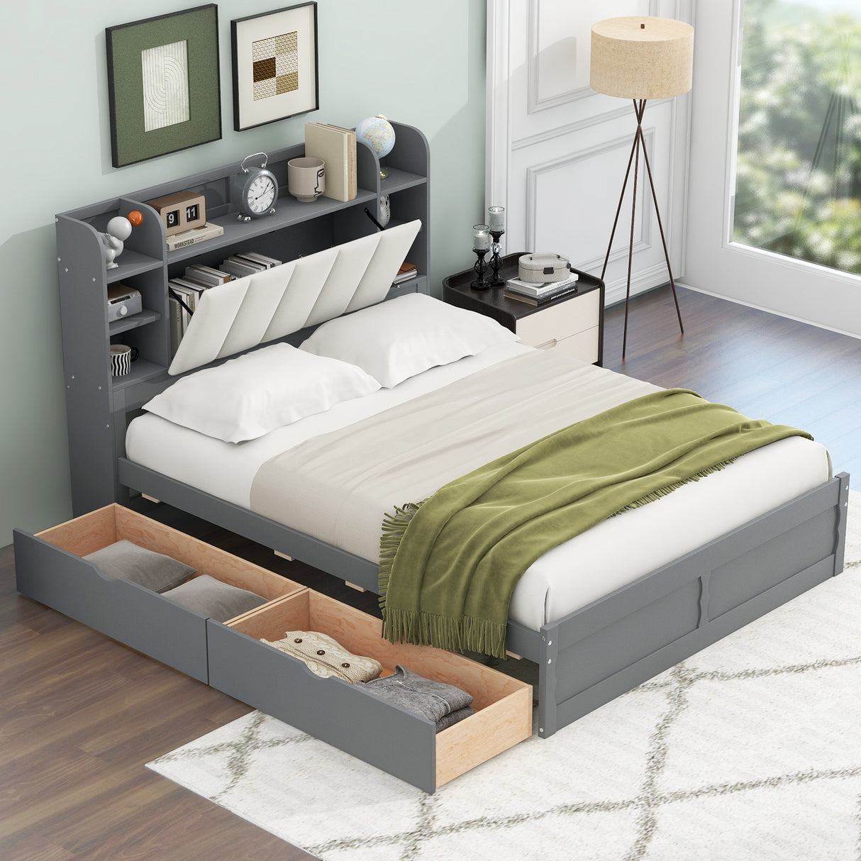 Wood Queen Size Platform Bed with Storage Headboard Shelves and 2 Drawers Gray