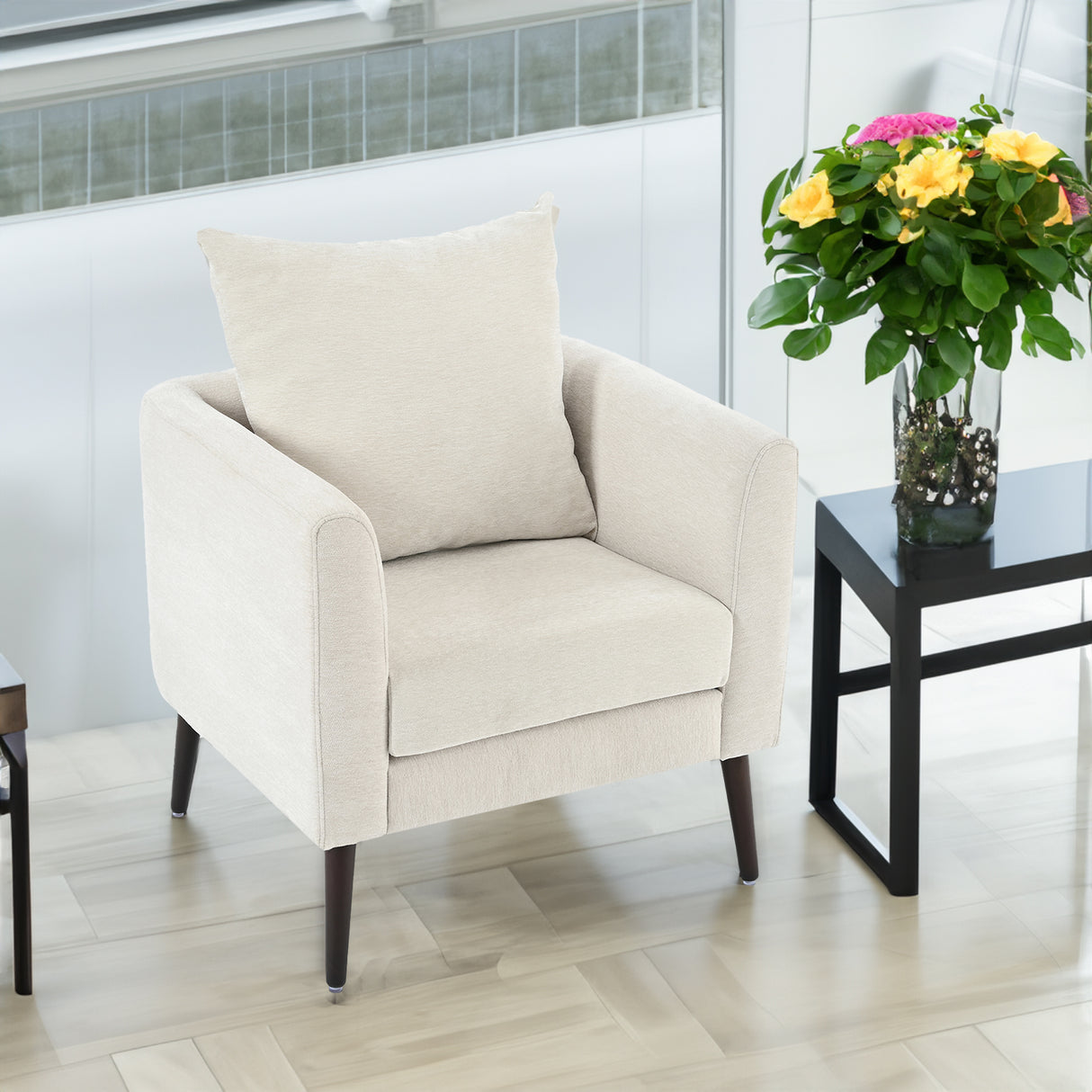 Bucket chair, Schneier accent chair, fabric armchair club chair, solid wood leg cushion armchair, lumbar pillow, beige - V.I.P Digital Presence