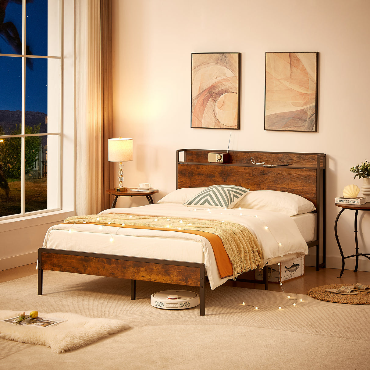 Bed frame with charging station full size, Rustic Brown, 83.1'' L x 56.1'' W x 39'' H - V.I.P Digital Presence