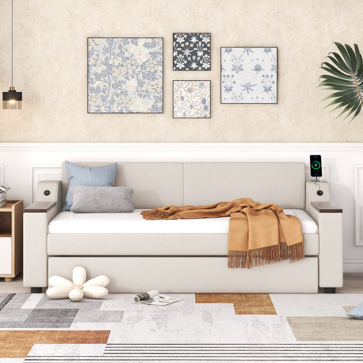 Twin Size Upholstery Daybed with Storage Arms Trundle and USB Design Beige