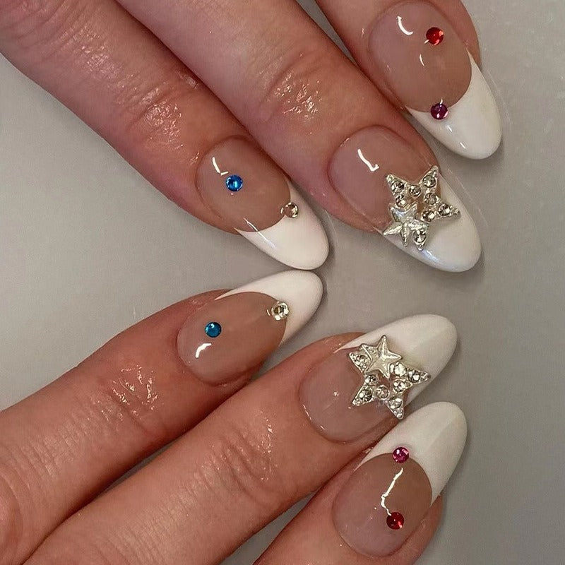 Wearable nails white French style wearable nails finished silver three-dimensional five-pointed star nail stickers wearable - V.I.P Digital Presence