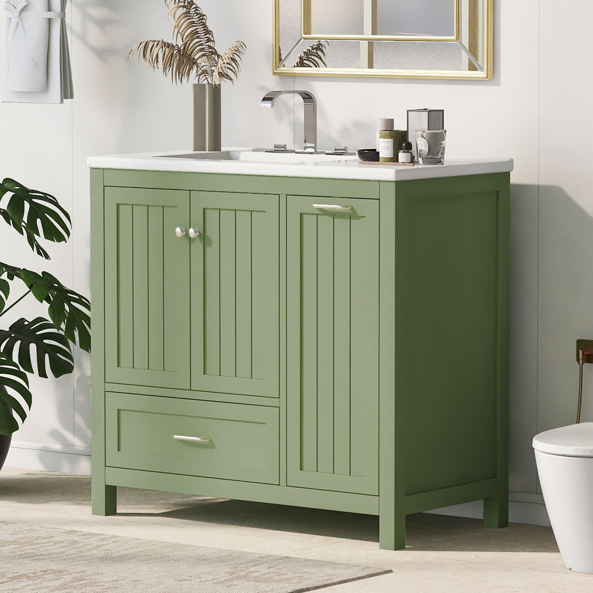 36 inch bathroom vanity with sink, one double door cabinet one large drawer and one flip drawer solid wood and MDF board, green - V.I.P Digital Presence