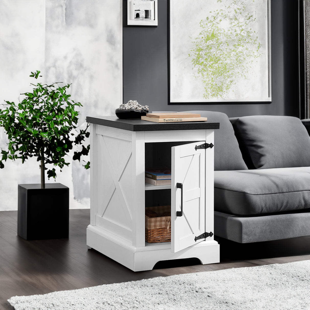 Farmhouse tea table bedside table rectangular farmhouse tea table with barn door and adjustable storage rack, white - V.I.P Digital Presence