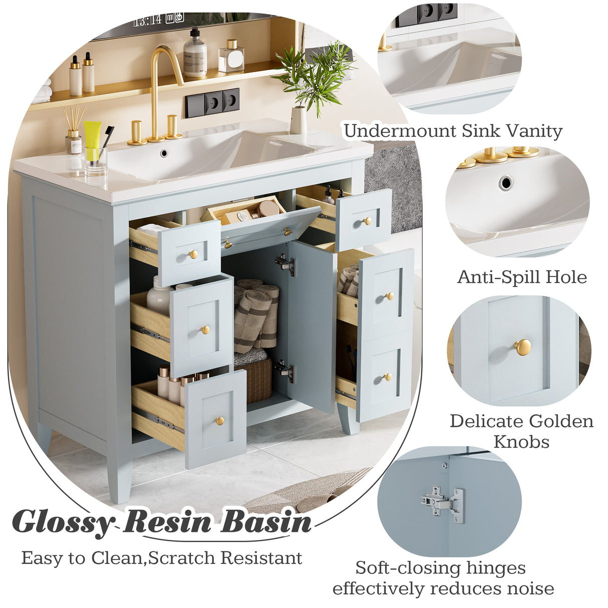 36 inch bathroom vanity with resin sink combination set with 6 drawers and 2 cabinets, storage cabinet vanity set, light blue - V.I.P Digital Presence