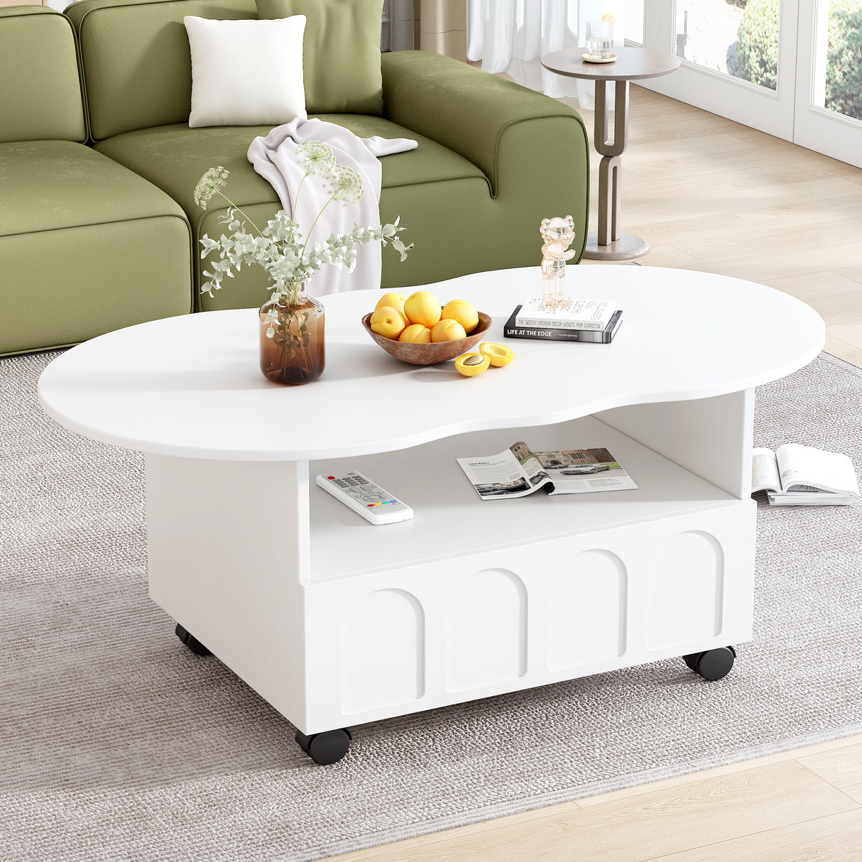 ON-TRANS flexible cream style coffee table with 2 brake wheels, drawers, large storage space, white, 39.37 '' x 23.6 '' - V.I.P Digital Presence