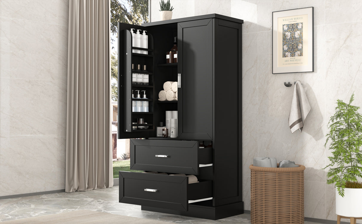Tall Bathroom Storage Cabinet, Cabinet with Two Doors and Drawers, Adjustable Shelf, MDF Board, Black - V.I.P Digital Presence
