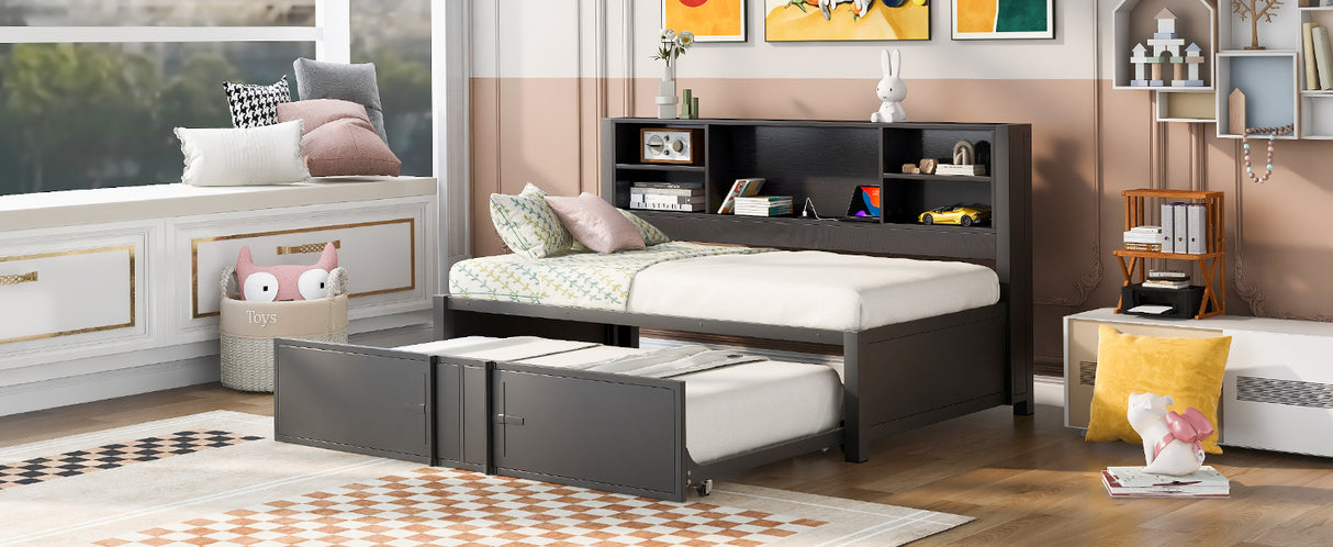 Metal Twin Size Daybed with Twin Size Trundle Storage Shelves and USB Ports Black