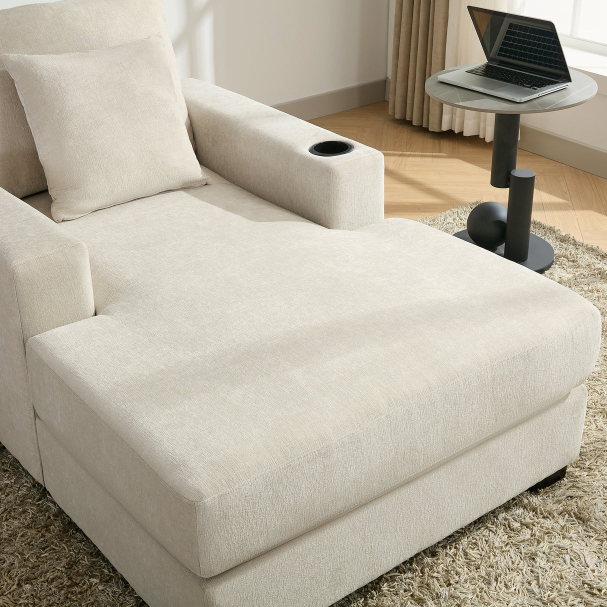 39.7" Oversized Chaise Lounger Modern Style Sofa Couch ,with Pillows, Charge Station & Cup Holders, Chenille Fabric, Cream - V.I.P Digital Presence
