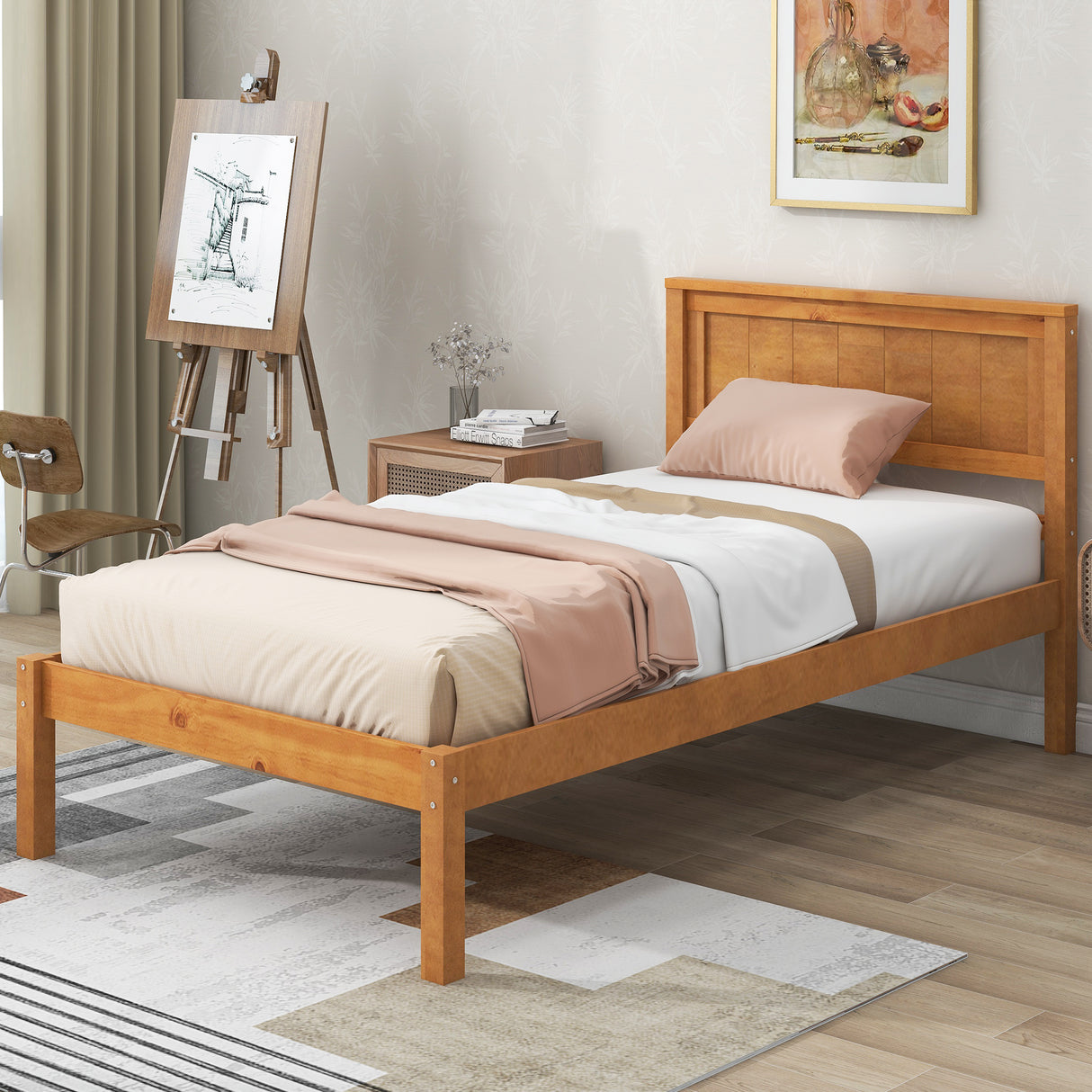 Platform Bed Frame with Headboard Wood Slat Support No Box Spring Needed Twin Oak