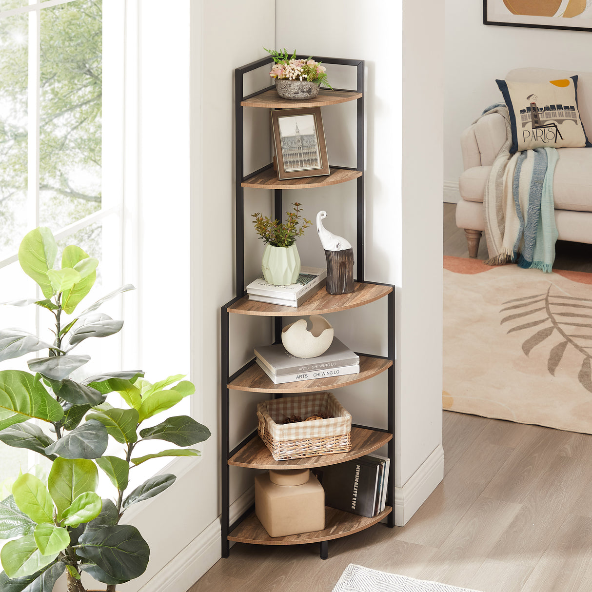 6-story corner open bookshelf modern bookshelf wooden frame independent bookshelf unit, country brown - V.I.P Digital Presence