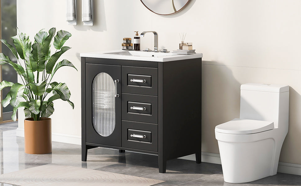 30" Bathroom Vanity with Sink, Bathroom Vanity Cabinet with Two Drawers and Door, Adjustable Shelf, Solid Wood and MDF, Black - V.I.P Digital Presence
