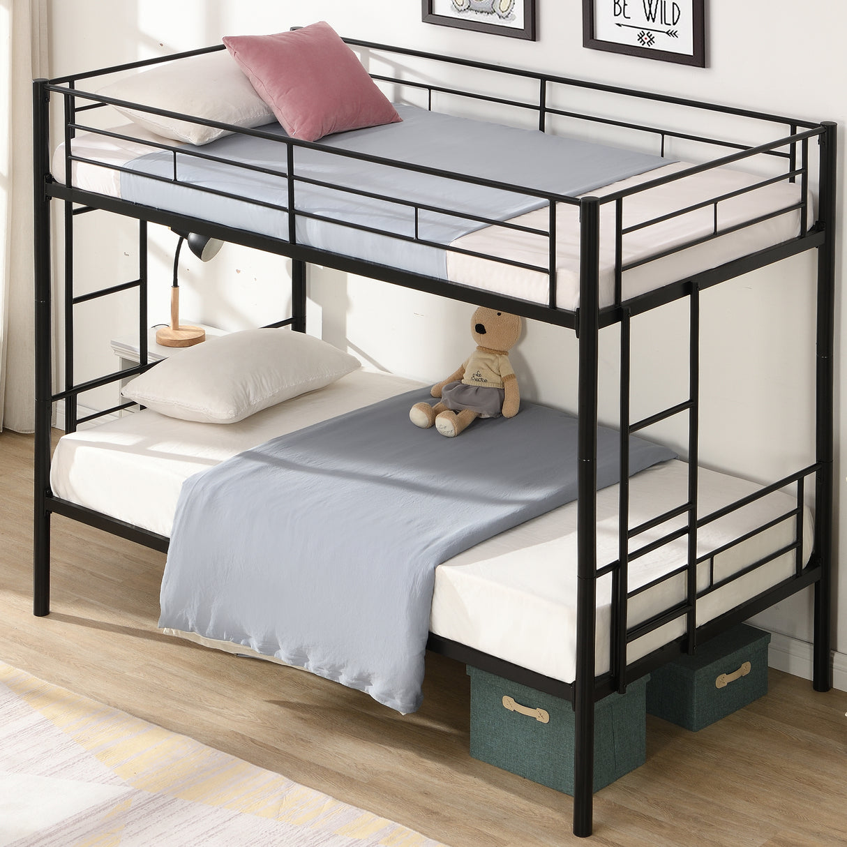 Double decker bed, size above twin bed, with 2 ladders and full-length guardrail, metal, storage space, black - V.I.P Digital Presence