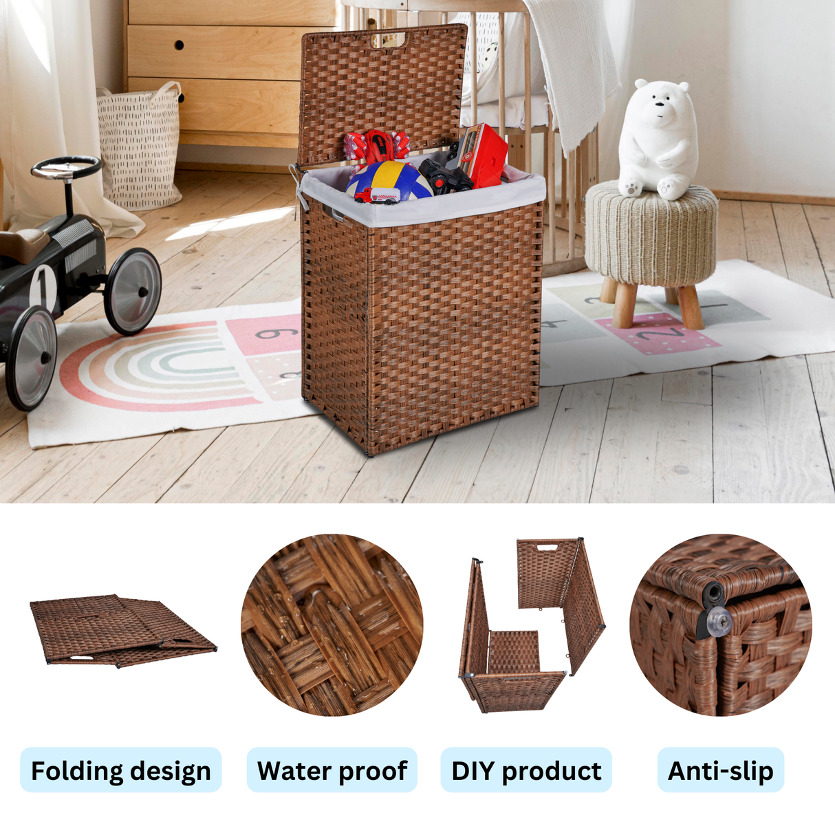 Laundry Hamper With Lid PE Rattan Powder Coating Frame Clothes Hampers with 02 Removable Bags, 100L, Brown Color - V.I.P Digital Presence