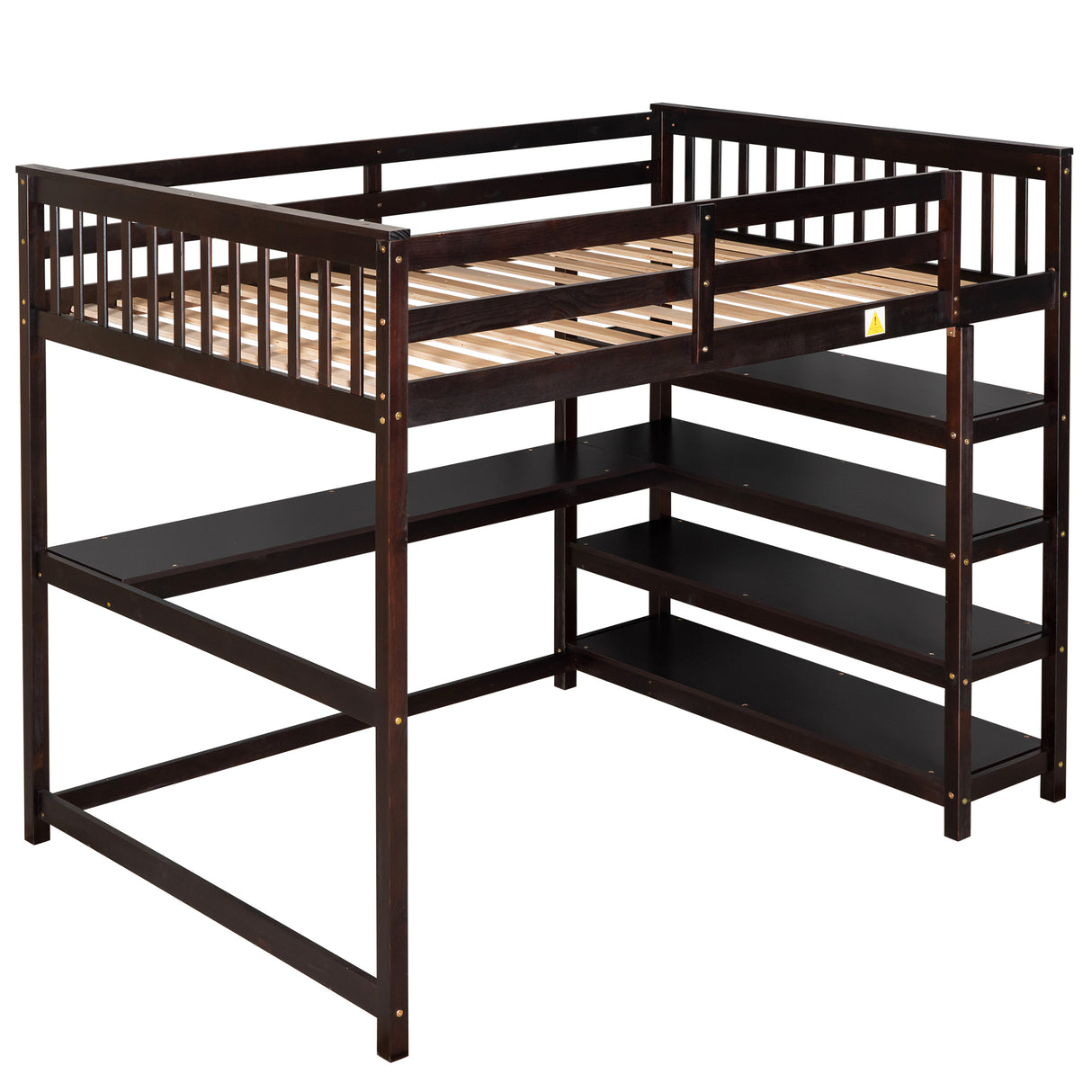 Full Size Loft Bed with Storage Shelves and Under-bed Desk Espresso
