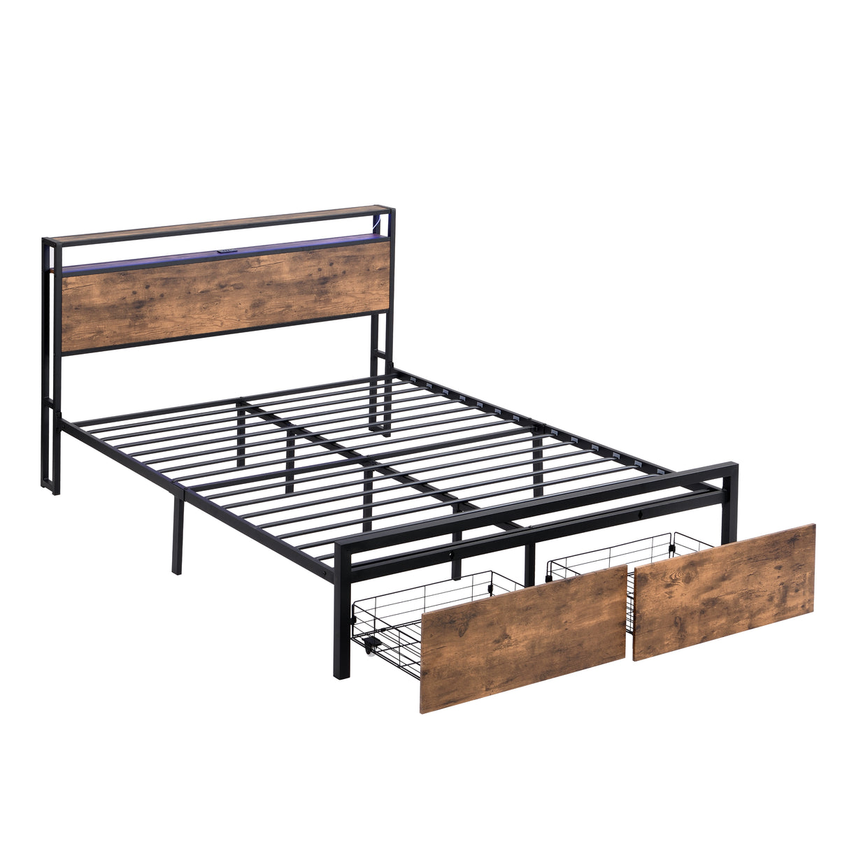 Large bed frame with storage headboard and 2 drawers, LED light bed, charging station, metal platform bed - V.I.P Digital Presence