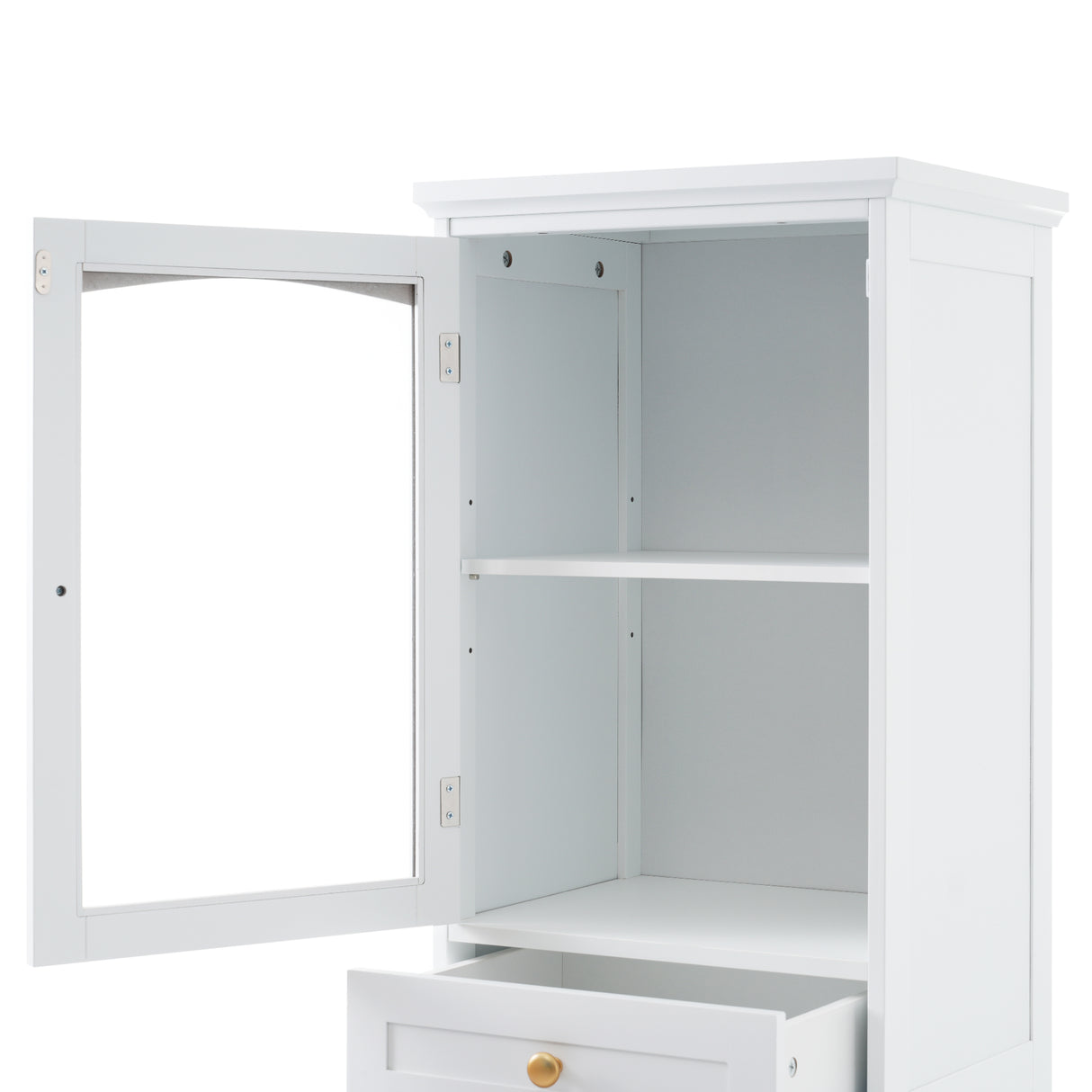 High bathroom storage cabinet with glass door, freestanding, two drawers and adjustable shelves, MDF board, painted white - V.I.P Digital Presence
