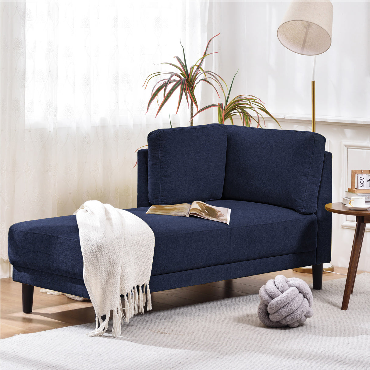 65" Mid-Century Modern Linen Fabric Corner Lounge Chair, Upholstered Indoor Chaise Lounge Solid Wood Sofa Bed for Bedroom - V.I.P Digital Presence