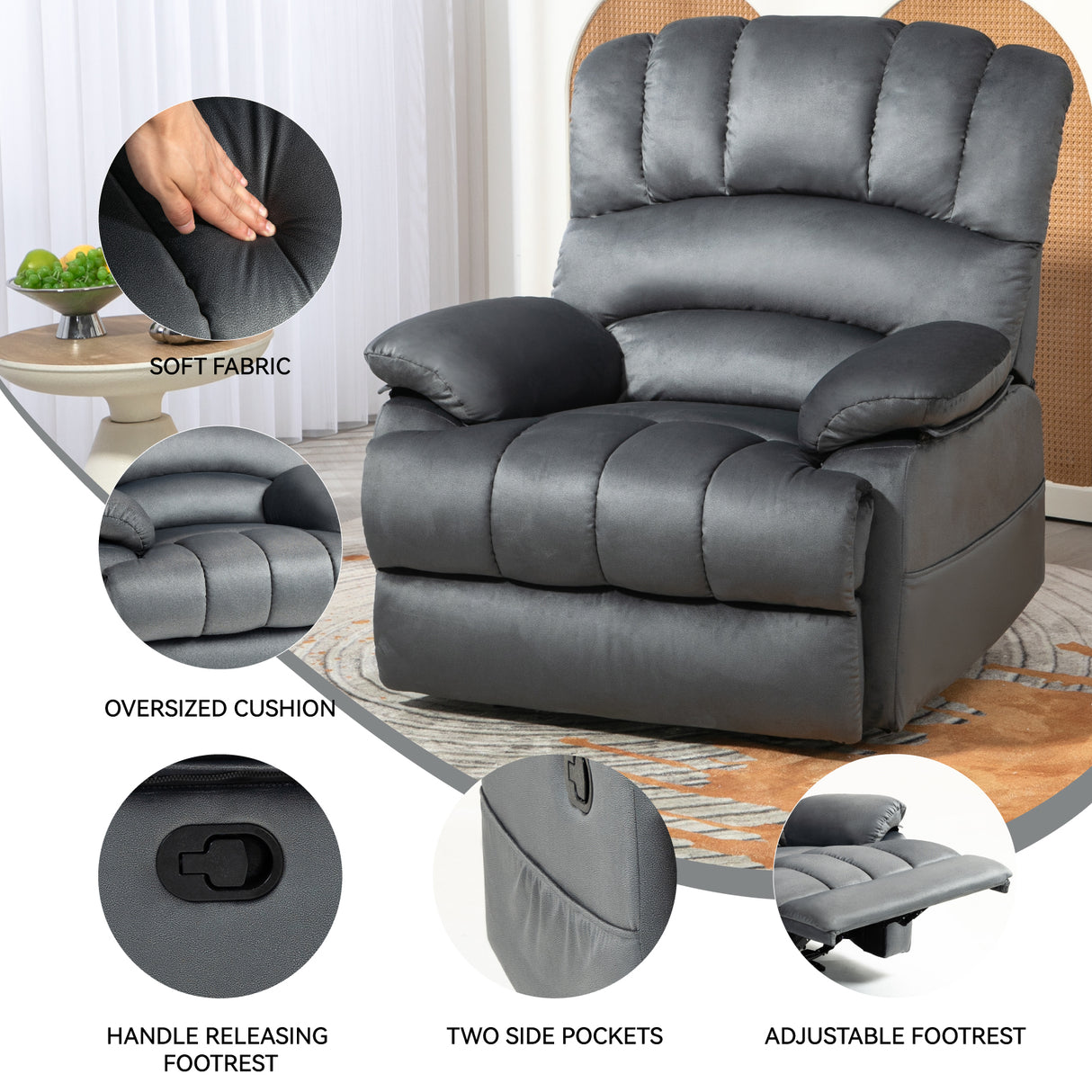 Large Manual Recliner Chair in Fabric for Living Room, Grey - V.I.P Digital Presence